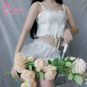 Private Label White Womens Sexy Button Up Drawstring Crop Top Ruffled Lace Womens Sleepwear 2 Piece Set